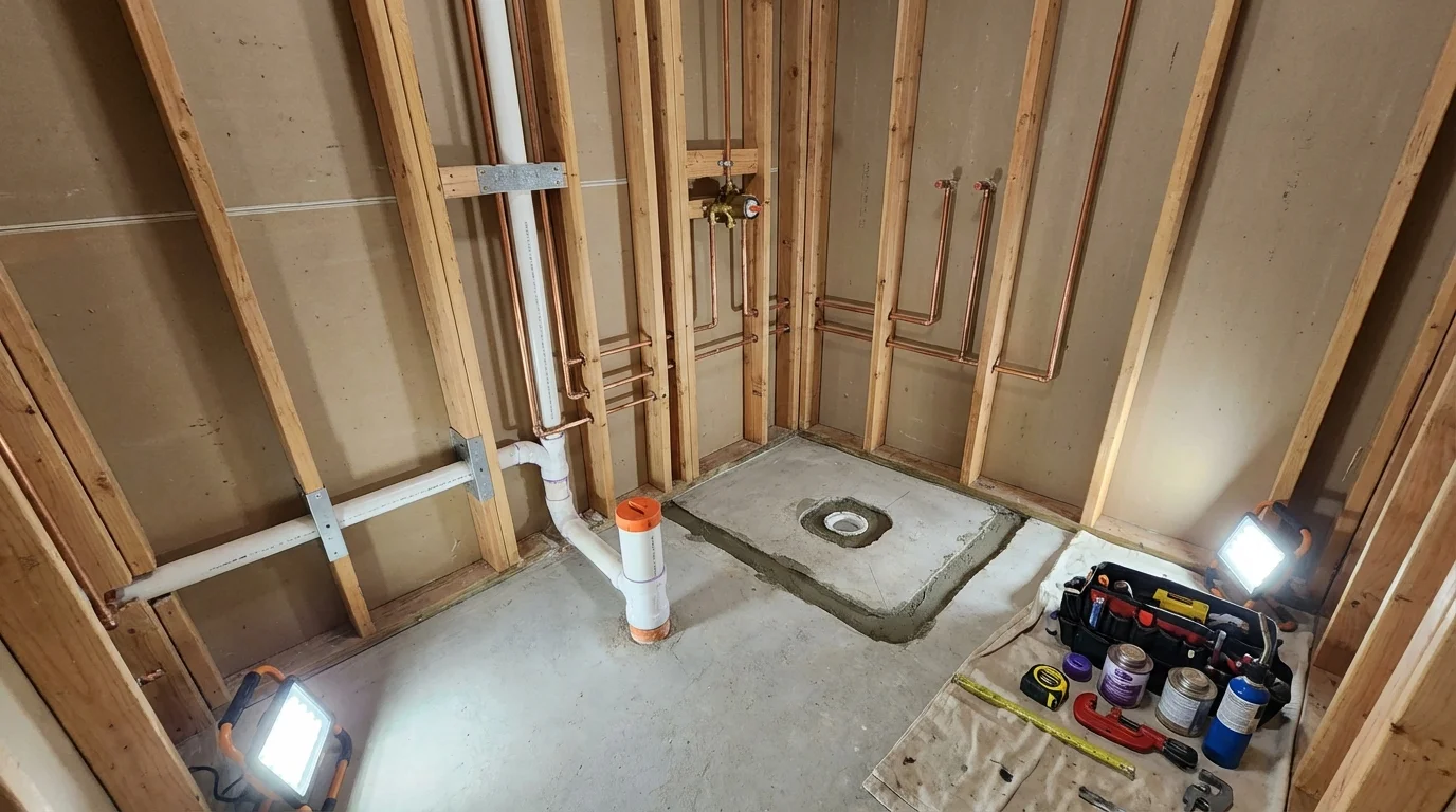 Bathroom rough-in plumbing during remodel by Johns Plumbing LLC in New Ulm