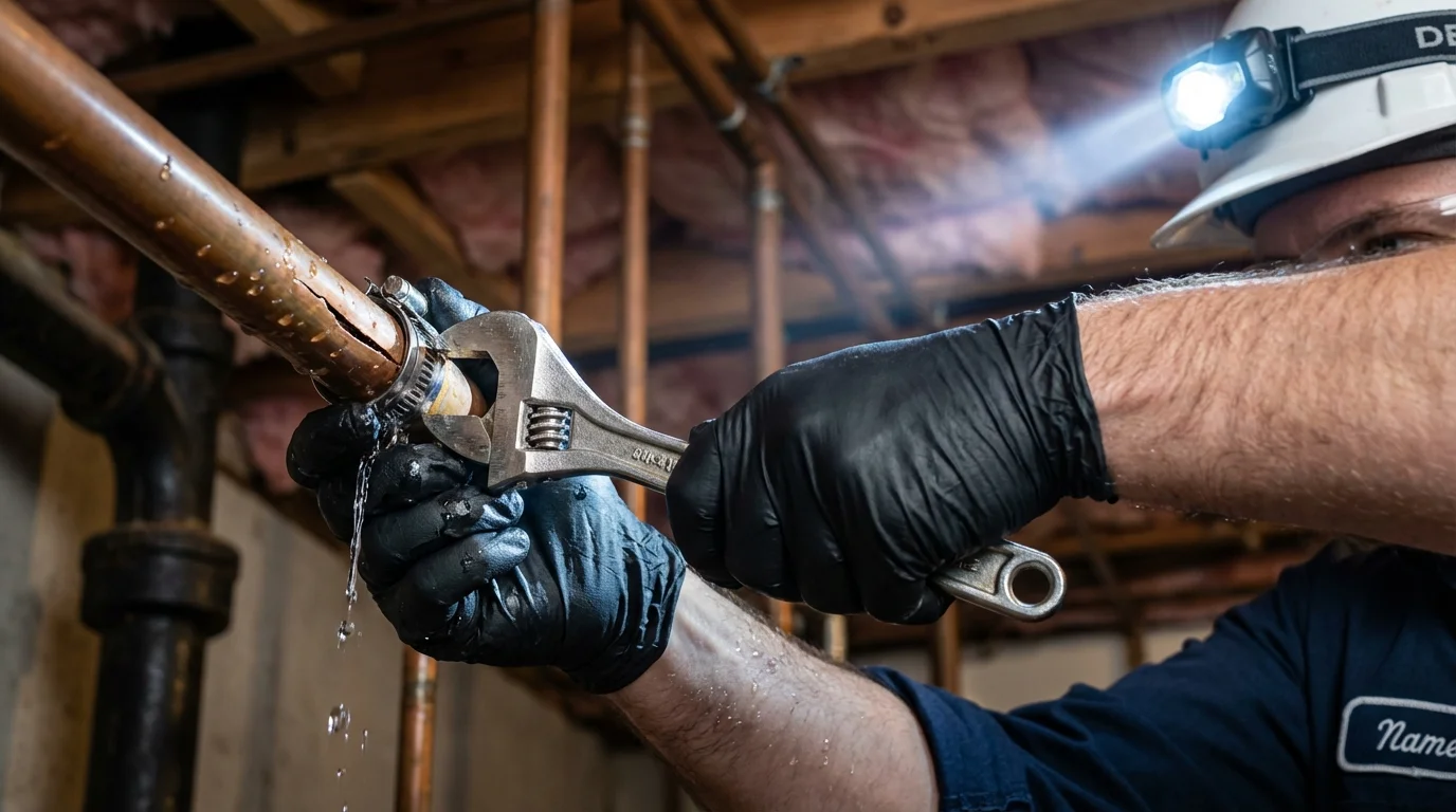 Emergency pipe clamp repair being performed by a Johns Plumbing LLC plumber in New Ulm