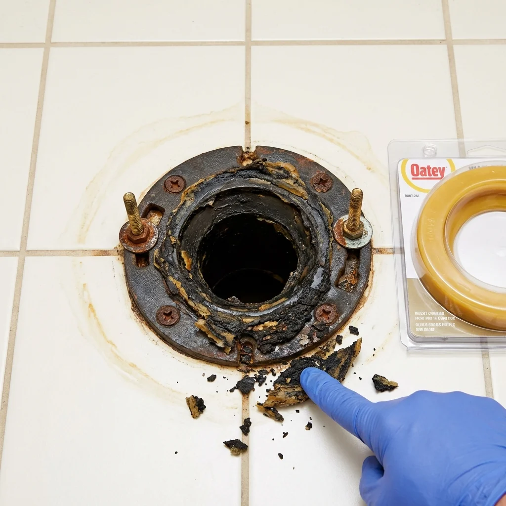 Failed wax ring showing water seepage at the base of a toilet in a New Ulm, MN home
