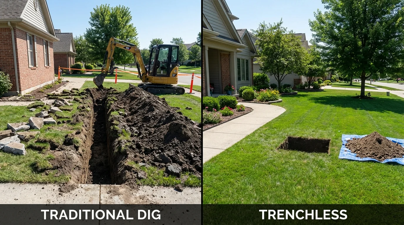 Trenchless sewer repair with minimal yard damage versus traditional excavation in New Ulm, MN
