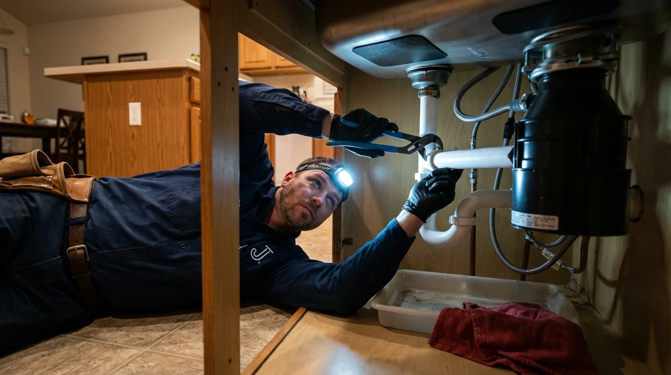 P-trap and supply line connections under a kitchen sink showing a common leak point in New Ulm, MN